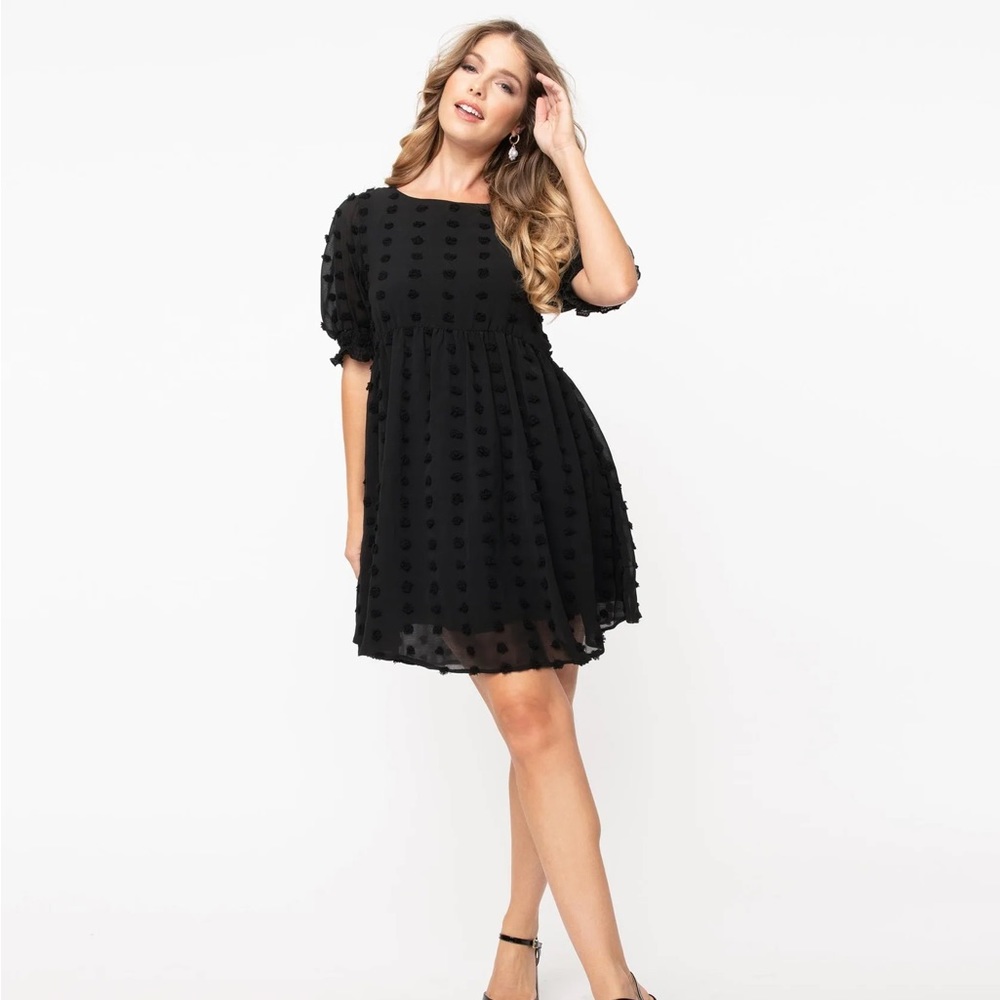 Retro Style Black Pom Pom Babydoll Dress - Small